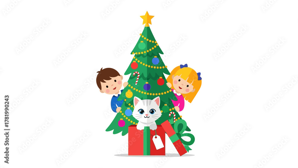 Naklejka premium Christmas Cheer: Two children and a charming kitten share a moment of wonder and joy with Christmas decorations, nestled amidst gifts and holiday greenery. 