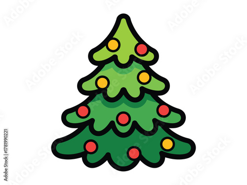 A stylized green Christmas tree decorated with red and yellow ornaments against a white background.