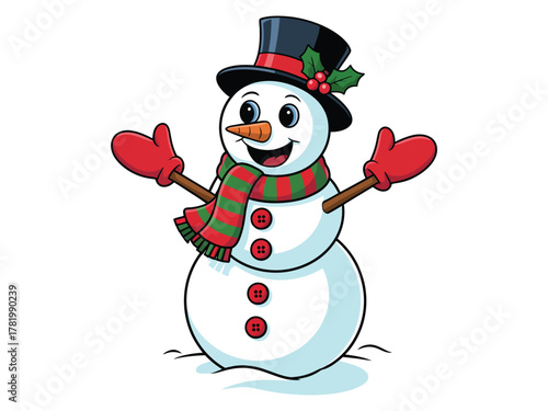 A cheerful snowman wearing a hat, scarf, and mittens stands in the snow.