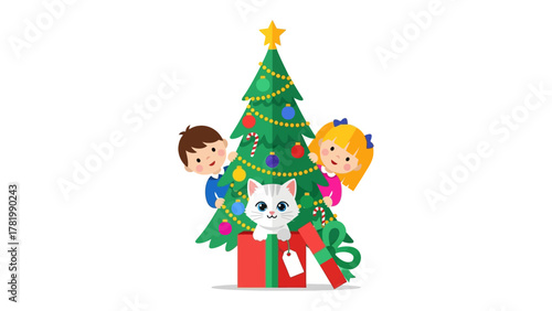 Christmas Cheer: Two children and a charming kitten share a moment of wonder and joy with Christmas decorations, nestled amidst gifts and holiday greenery. 