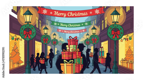 Festive Promenade: A vibrant illustration captures the magic of the holiday season, as people stroll along a beautifully decorated street lined with festive garlands.