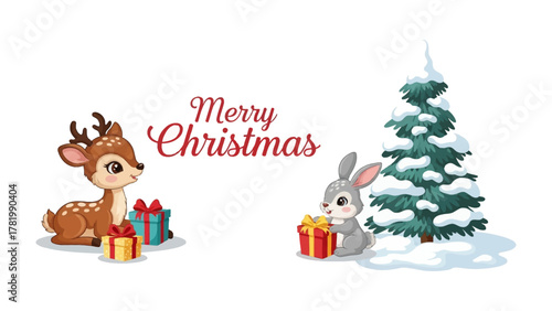 Festive Deer and Bunny: A charming Christmas scene featuring a spotted deer and a fluffy bunny, surrounded by colorful presents and a snow-covered fir tree.