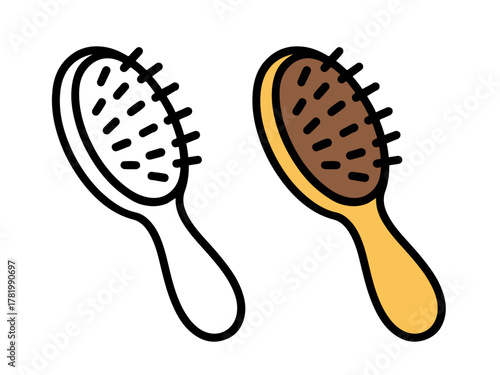 Oval paddle hairbrush with handle and bristles, shown in outline and colored versions, ideal for salon, grooming, or beauty-themed coloring pages.