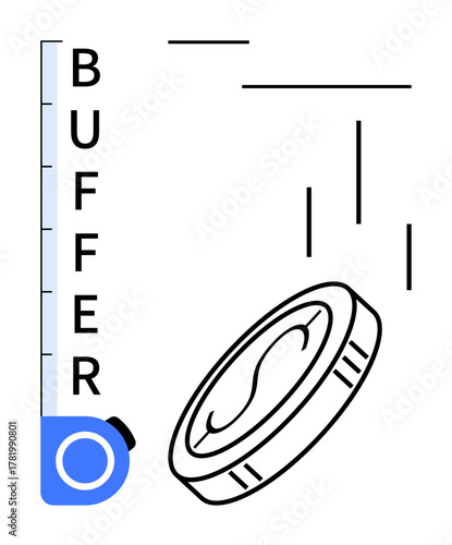 Coin dropping toward marked BUFFER level with lines indicating action. Ideal for finance, budget planning, savings, financial stability, resource management, economic growth, simple flat metaphor