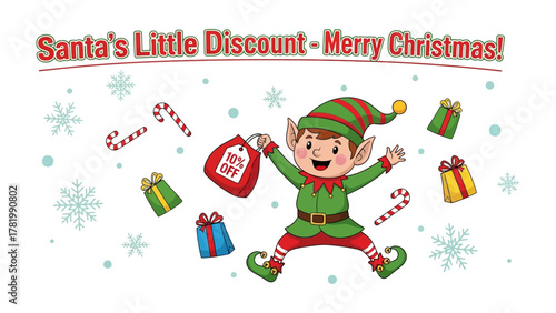 Santa's Little Discount: A cheerful elf spreads holiday cheer with gifts and a promise of savings, snow falling gently as festive spirit fills the air.