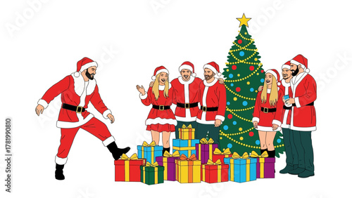 Christmas Crew: A group of individuals, clad in festive attire, gathering around a beautifully decorated evergreen tree with a colorful array of presents. Witness the magic and cheer.