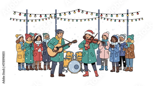 Musical Serenade in Winter: Amidst a snowy scene, a group of carolers gather around a duo of musicians, their voices and instruments weaving a tapestry of festive cheer and joyous celebration. 