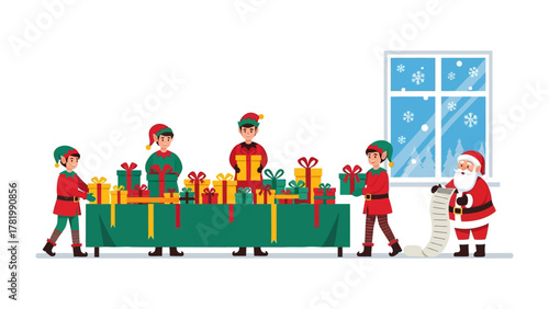 Workshop Preparations for Festivities: Animated elves meticulously wrap and arrange holiday gifts, alongside a figure reviewing their list, embodying the anticipation and joy of the festive season.