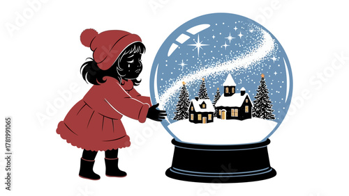 A child's winter wonderland: A child in a coat gazes upon a snow globe featuring a cozy village scene, evoking the magic and wonder of winter.