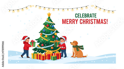 Festive Christmas scene: Joyful children and a cheerful canine companion gather around a beautifully decorated Christmas tree, surrounded by wrapped presents.