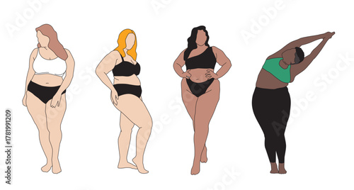 Set of 4 Curvy Fashion Models - Lingerie and Fitness Body positive Illustration SVG