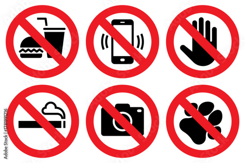 No eating and drinks allowed, No cell phone zone, Do not touch, No smoking, No photography, No pets sign, stop, ban or prohibited icon set for public safety notices.