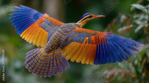 Stunning Sunbittern in Full Wing Spread: Vibrant Orange, Yellow, and Blue Plumage Showcasing a Captivating Courtship Display in Lush Rainforest Habitat