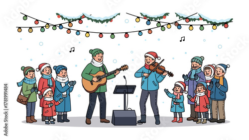 Melodic Christmas Serenade: A festive gathering of people, enveloped by the enchanting sounds of holiday music played on a guitar and violin, under a canopy of twinkling lights and snowfall.