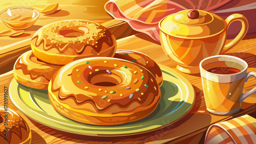 Very beautiful close-up of freshly fried donuts, golden and crispy, arranged invitingly for tea time, with warm natural light and realistic textures creating a cozy dessert scene.