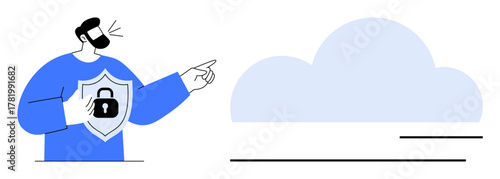 Individual in blue sweater with shield lock icon points at cloud, promoting privacy and data safety. Ideal for cybersecurity, cloud storage, privacy, IT services, online safety, data encryption
