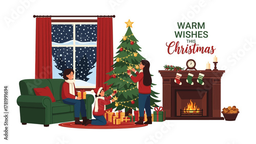 Christmas Family Gathering: A family gathers to decorate their Christmas tree in their cozy living room, bathed in warm and festive glow.