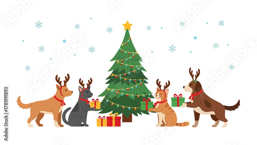 Holiday Helpers: A charming festive scene unfolds as a cat and a few dogs, adorned with reindeer antlers, gather around a decorated Christmas tree, exchanging gifts, evoking the spirit of the season.