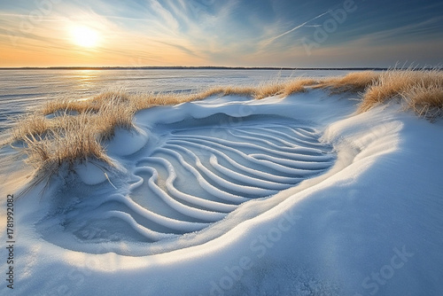 Fototapeta Naklejka Na Ścianę i Meble -  Frozen sand dunes in the Arctic, with frost-covered ripples