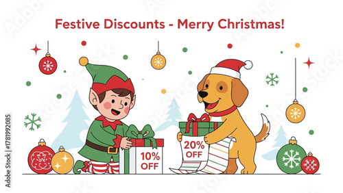 Festive Elf & Dog with Gifts: a heartwarming festive scene, Elf and dog joyfully packaging presents, with a backdrop of colorful ornaments and seasonal decorations.