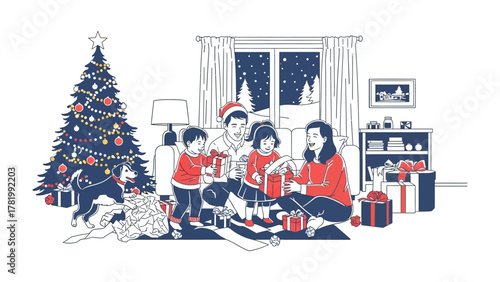 Cozy Christmas Morning: Family Opens Presents: A heartwarming illustration of a family gathered around a Christmas tree on Christmas morning, as they open presents. The atmosphere is filled with joy.