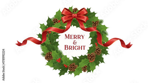 Festive Wreath: A beautiful wreath with a red bow and a Merry & Bright inscription, perfect for seasonal celebrations and adding a touch of holiday cheer.