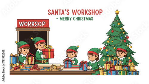 Santa's Workshop: A charming illustration capturing the spirit of Christmas, showing industrious elves at work, surrounded by brightly wrapped presents and festive decorations.