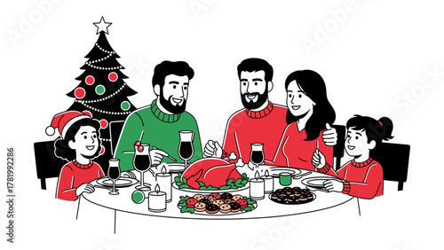 Family Christmas Dinner: A family gathers around a festive dinner table, sharing laughter and warmth. The holiday spirit is embodied with the Christmas tree and festive table setting.