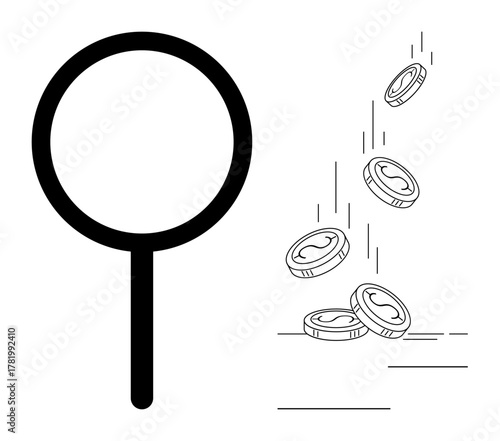 Magnifying glass next to falling coins conveying investigation, wealth, growth, savings, and currency. Ideal for finance, investment, economy, research business strategy audit and analysis themes