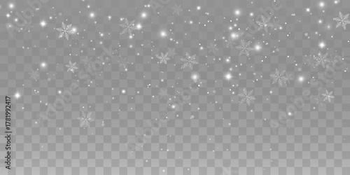 White glowing snowflakes and bright sparkle dust on transparent background. Shimmering festive light particles, magic holiday stars, and winter design. Vector effect.