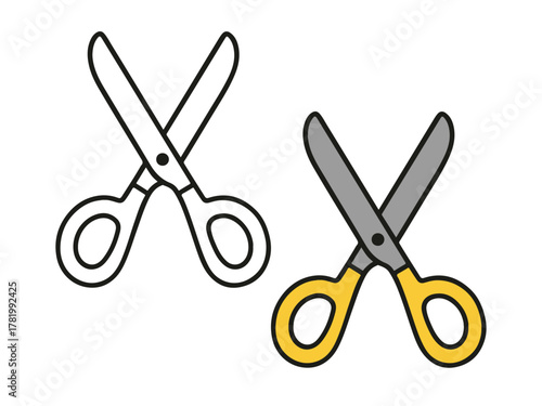 A pair of scissors shown in outline and colored versions, simple and clear design for coloring, crafting, or educational worksheets.