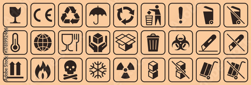 Cardboard packaging icon set. Package sign labels. Common packaging, warning symbol set.