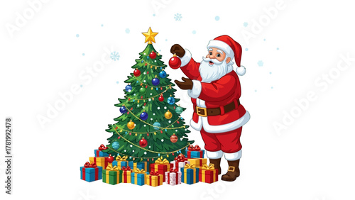 Santa's Festive Touch: A jolly Santa Claus is shown adorning a Christmas tree, preparing for the holiday season with colorful ornaments and wrapped presents at the bottom.