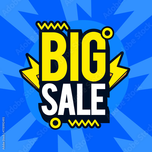 Big Sale yellow and white text Pop Art style with blue background