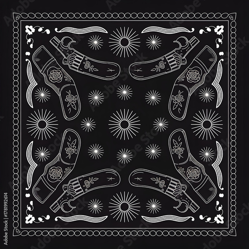Decorated revolvers and stars arranged symmetrically within a black bandana framed by ornate white border