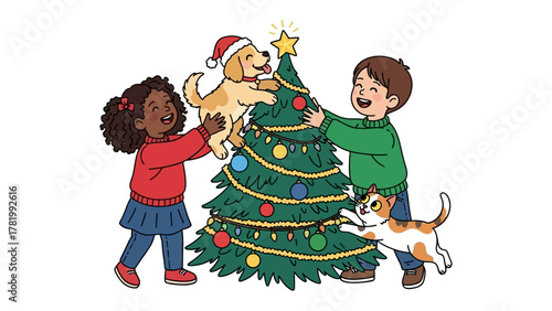 Festive Friends: Joyful children and pets collaboratively decorate a Christmas tree, radiating warmth, cheer, and the spirit of the season.
