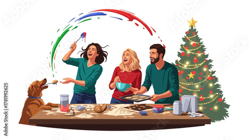 Baking Joy: A festive illustration shows three people joyfully baking together during the holidays, filled with vibrant colors.