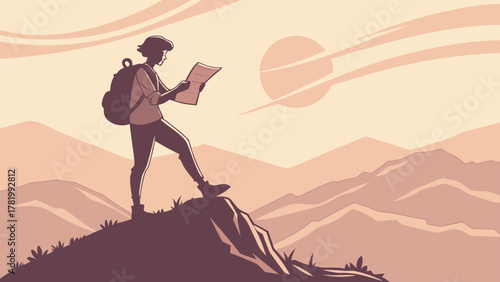 Minimalist vector illustration of a solo hiker standing atop a mountain peak at sunset, consulting a map to navigate the expansive, stylized landscape