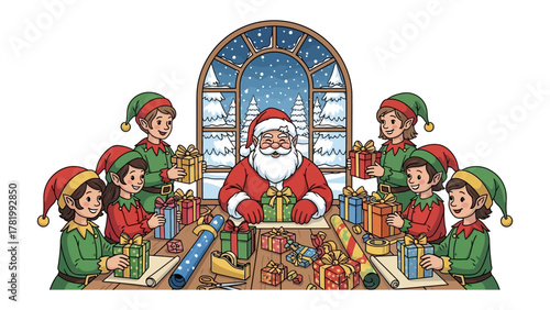 Santa's Workshop: Santa Claus, surrounded by elves, diligently wraps gifts in his cozy workshop, a flurry of holiday magic in preparation for Christmas.