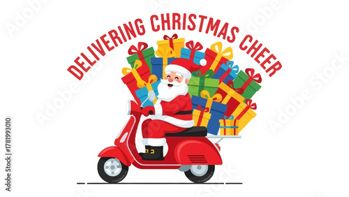 Santa's Delivery: The illustration encapsulates the holiday spirit with Santa Claus cheerfully navigating a red scooter, laden with an array of vibrant presents.
