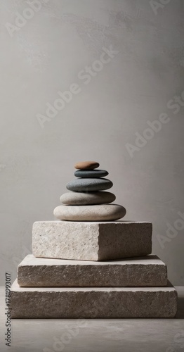 Eco product display podium made of layered stones, minimal environment, clean light grey background.2