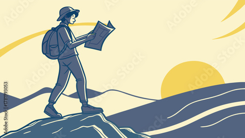 Minimalist vector illustration of a solo hiker standing atop a mountain peak at sunset, consulting a map to navigate the expansive, stylized landscape