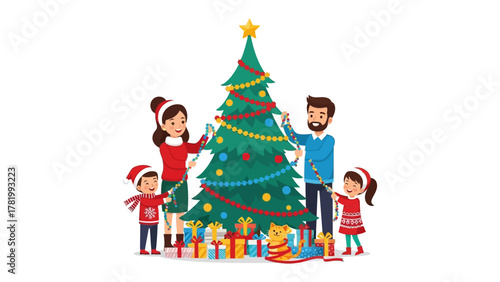 Joyful Christmas Tree Decoration: A family comes together to decorate their Christmas tree with colorful ornaments and lights, surrounded by beautifully wrapped gifts beneath the tree.