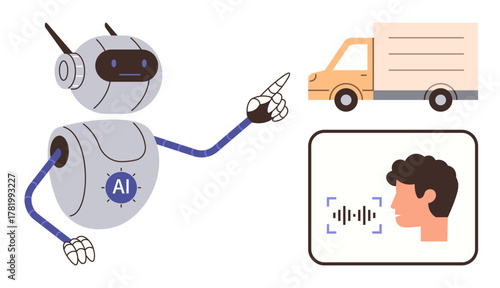 AI robot pointing at delivery truck and voice recognition facial profile interface. Ideal for automation, logistics, machine learning, voice command, transportation, robotics, innovation. Simple flat