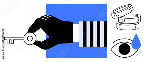 Black hand holds a key next to stacked coins, an eye with a teardrop, and bold shapes. Ideal for access, security, savings, loss, emotions finance decision-making. Simple flat metaphor