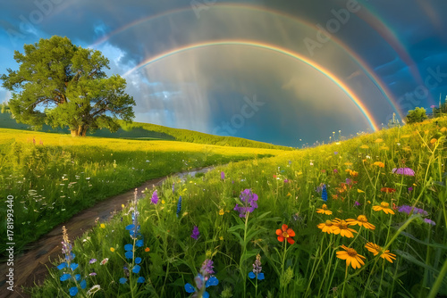 Fototapeta Naklejka Na Ścianę i Meble -  Wildflower meadow sunlight rainbow landscape serene summer field wildflower meadow sunlight rainbow landscape serene summer field nature