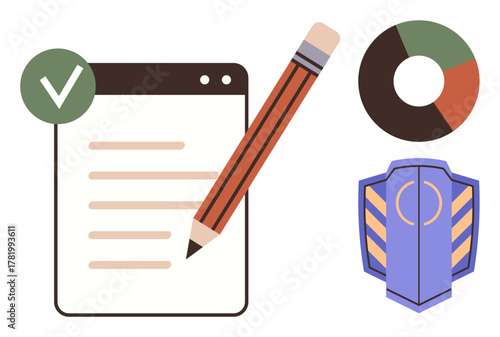 Checklist with a green checkmark, pencil, pie chart, and shield symbolizing validation, analysis, protection, and precision. Ideal for productivity, security auditing compliance education