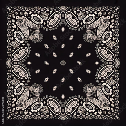 Detailed bandana displays intricate paisley patterns arranged around a black background for textile creation