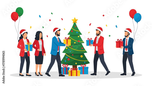 Festive Harmony: A group of individuals comes together in the spirit of togetherness, celebrating the holiday season with a beautifully adorned evergreen tree, exchanging gifts and sharing laughter.