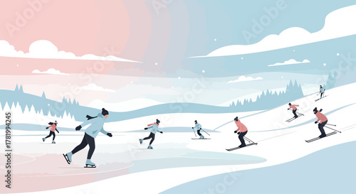 Illustration of people enjoying winter sports, skiing down a snowy hill and ice skating on a frozen lake.